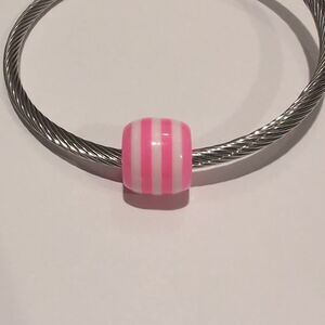 Pink and White Striped Charm for‎ Pandora Style Bracelet